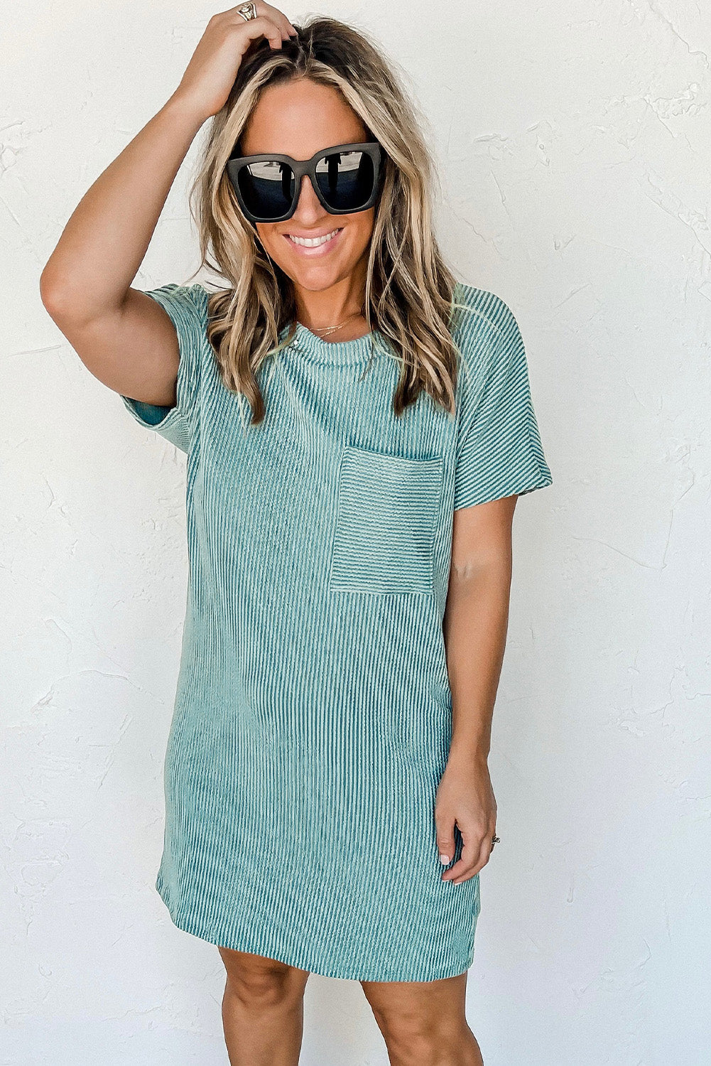 Gray Striped Ribbed Knit T-shirt Shift Dress