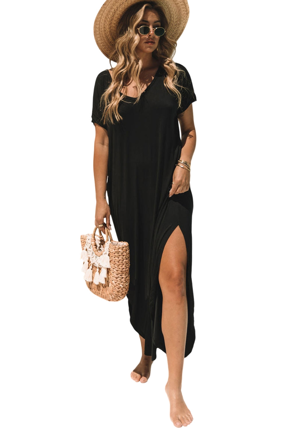 Black V Neck Hidden Pocket Splits Maxi T-shirt Dress