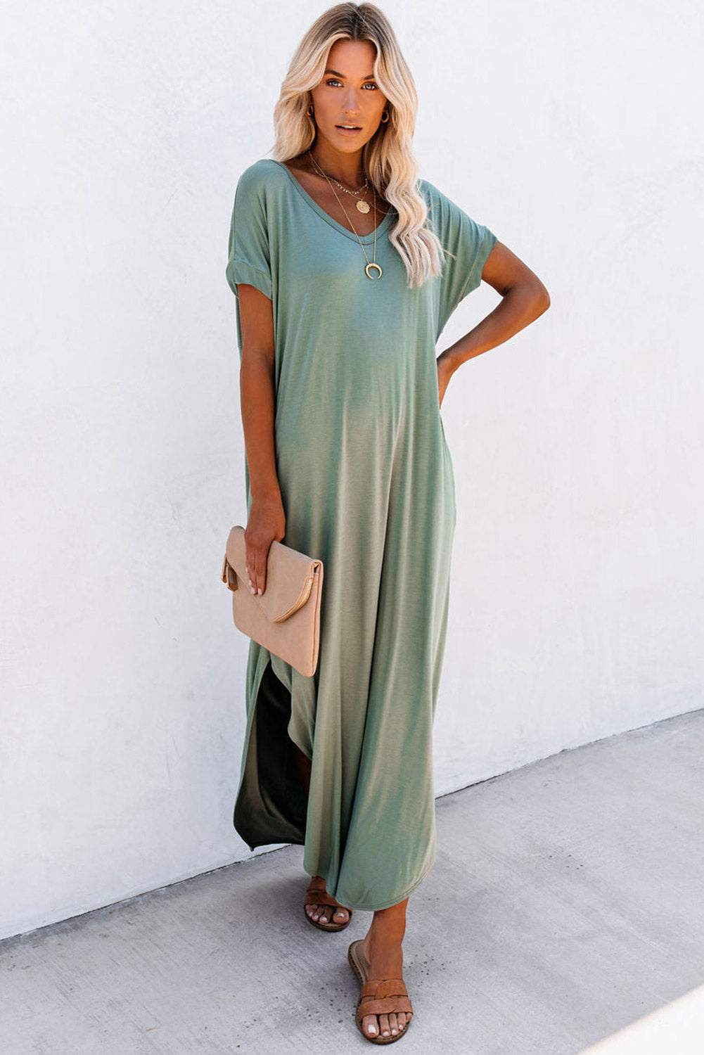 Black V Neck Hidden Pocket Splits Maxi T-shirt Dress