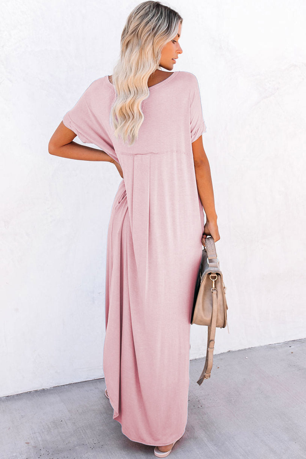 Black V Neck Hidden Pocket Splits Maxi T-shirt Dress