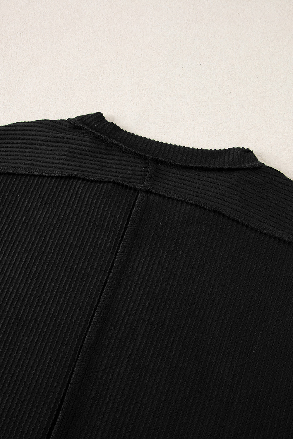 Black Textured Knit Exposed Stitching T-shirt