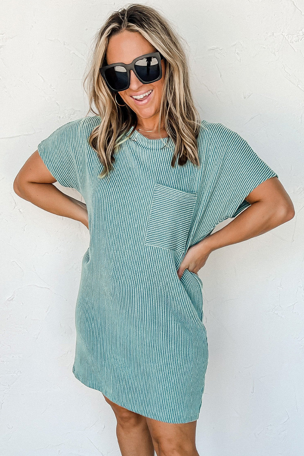 Gray Striped Ribbed Knit T-shirt Shift Dress